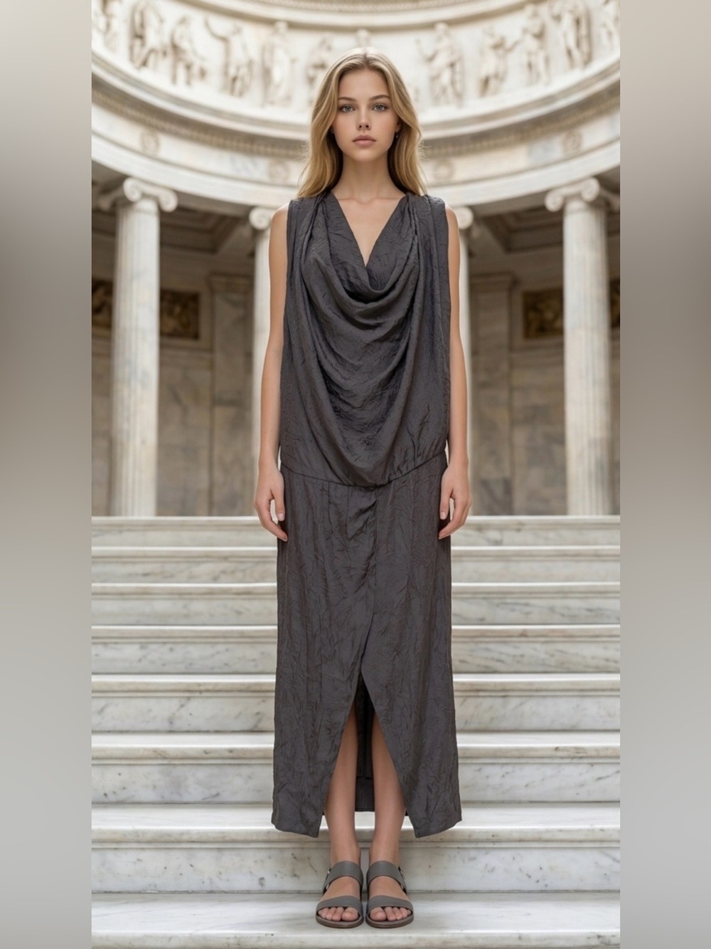 Zara Sleeveless Draped Cowl Maxi Dress in Charcoal